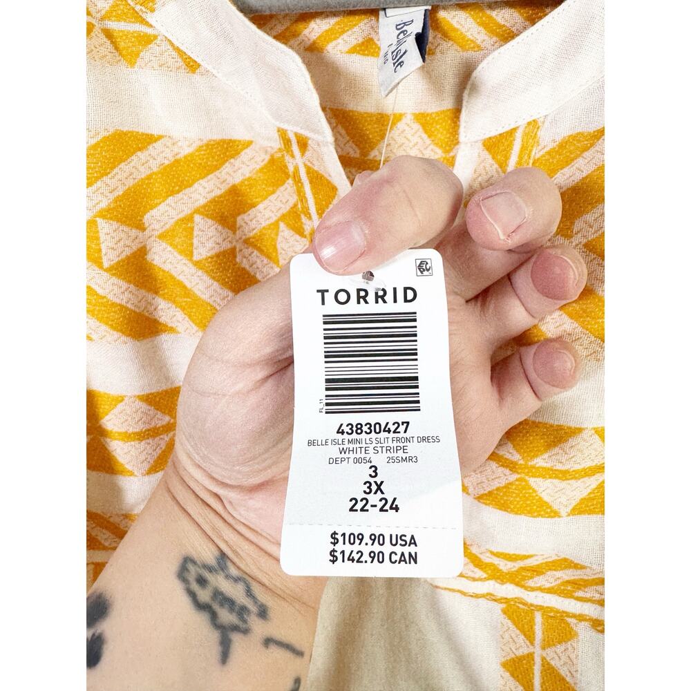 Torrid Belle Isle Bell Sleeve Mini Dress White Yellow Stripe NEW Size 3 3X Boho - Picture 5 of 16